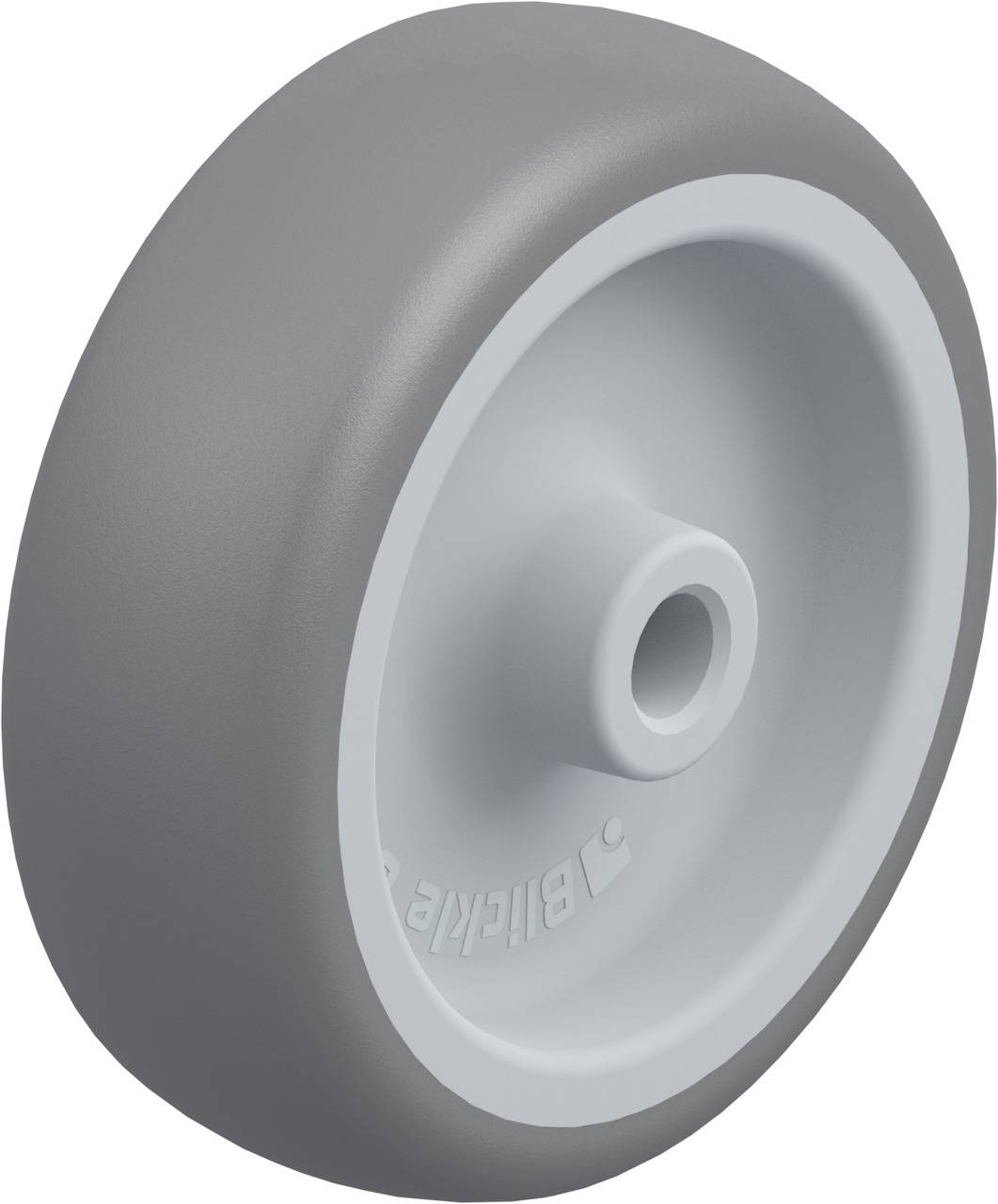 Ein graues Kunststoffrad mit einer zentralen Öffnung, geeignet für rollende Anwendungen.