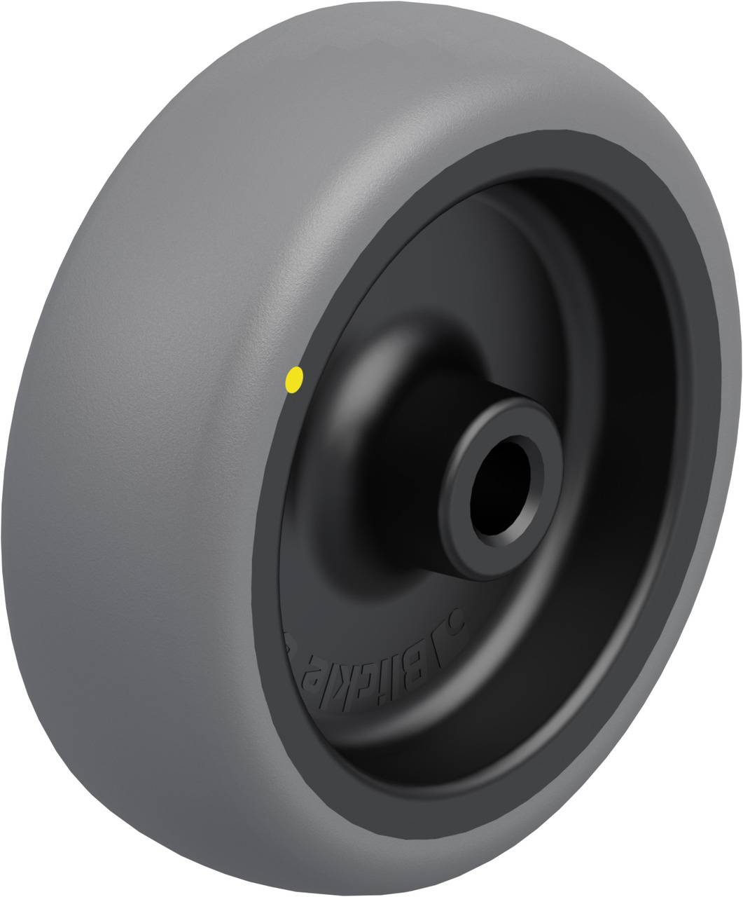 Graues Rad aus Kunststoff mit einem schwarzen Innenkern und einer gelben Markierung an der Seite, konzipiert für Leichtgängigkeit.