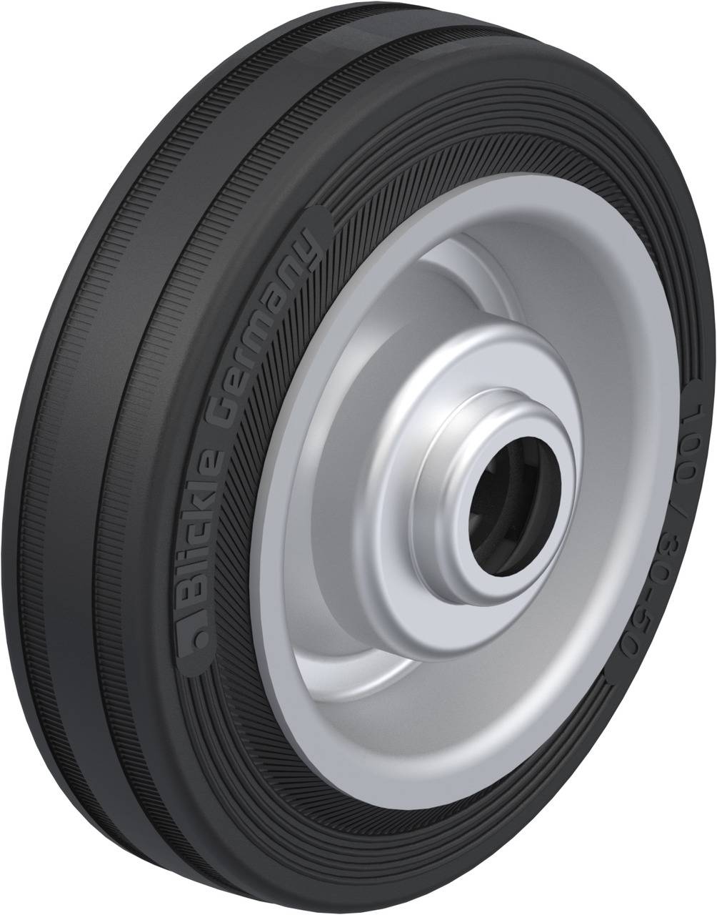 Schwarzes Gummi-Transportrollenrad mit silberner Nabe und Prägung 'Blickle Germany', geeignet für schwere Lasten und Industrieanwendungen.