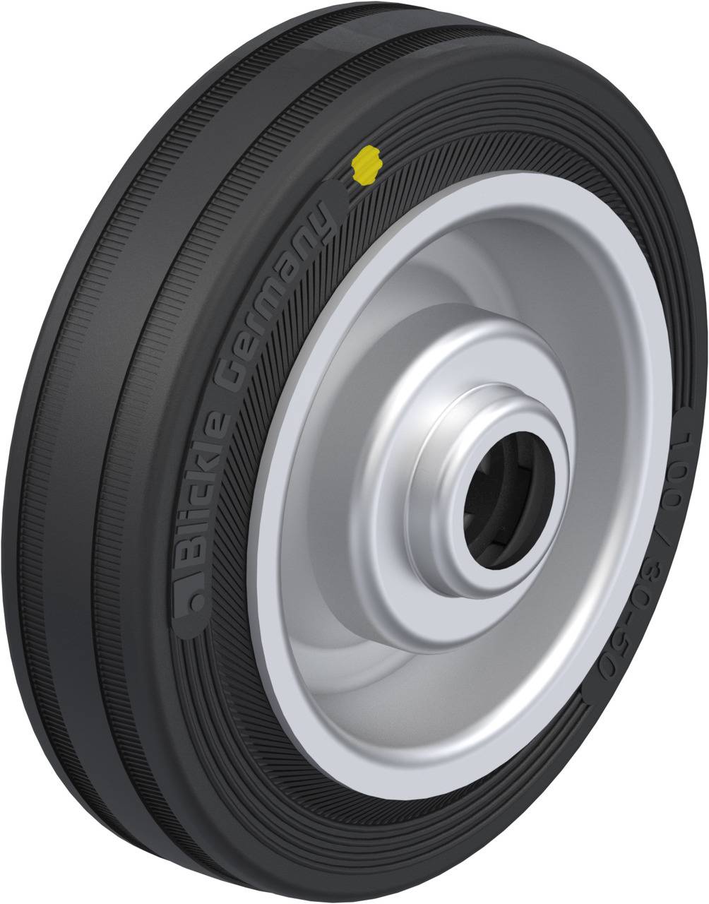 Ein schwarzes Rad mit grauer Metallfelge, seitlich betrachtet. Es hat eine Prägung 'Blickle Germany' auf der Oberfläche.