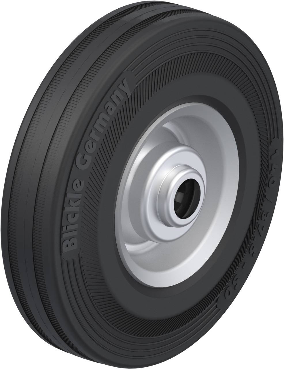 Schwarzes Industriegummirad mit silbernem Metallkern; Seitentext 'Blickle Germany'.