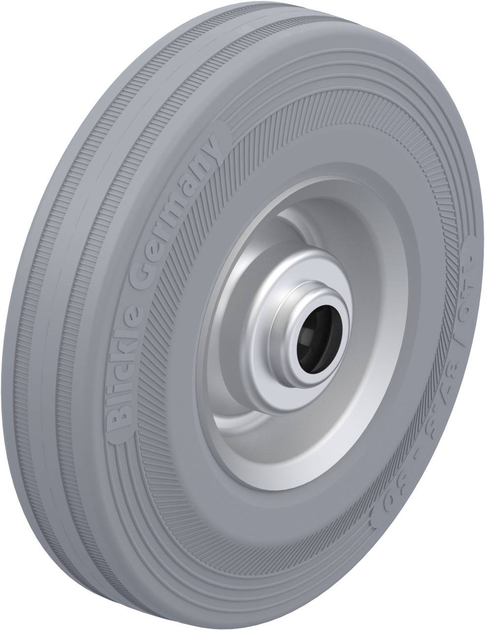 Ein graues Rad aus Gummi und Metall, vermutlich ein Ersatzrad oder ein Rollrad für Maschinen oder Fahrzeuge.