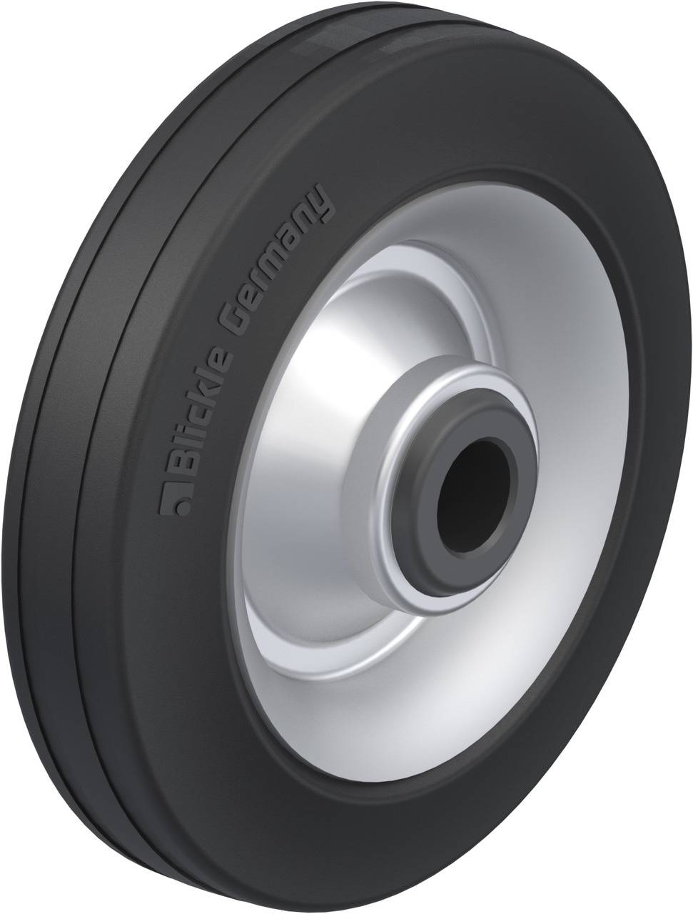 Rundes Rad mit schwarzem Gummireifen und silberner Felge, Aufschrift 'Blickle Germany' an der Seite.