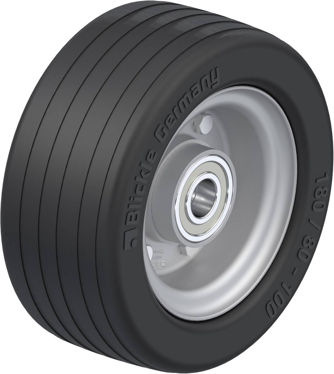 Schwarzer Reifen mit Rillen, montiert auf silberner Felge, mit Aufschrift 'Blickle Germany' und Größenangabe '180-80-100'.