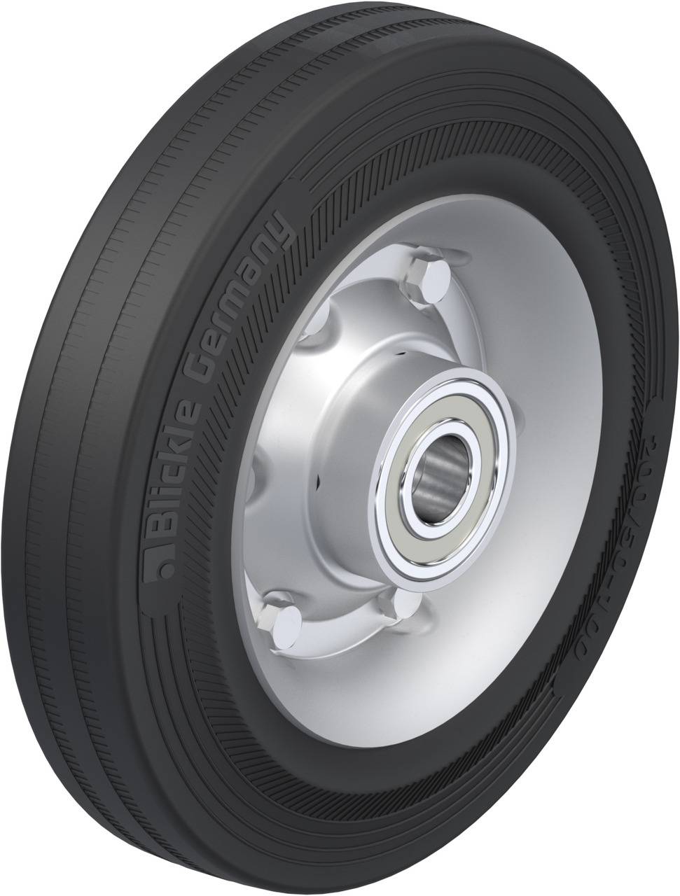 Industrie-Schwerlastrolle mit robustem Gummireifen und stabilem Metallrad für hohe Tragfähigkeit und Langlebigkeit.