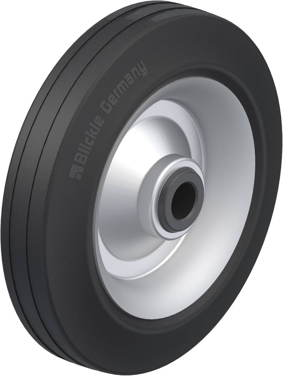 Ein schwarzes und silbernes Rad mit glatter Oberfläche, Hersteller 'Blickle Germany' eingraviert, geeignet für Transportgeräte.