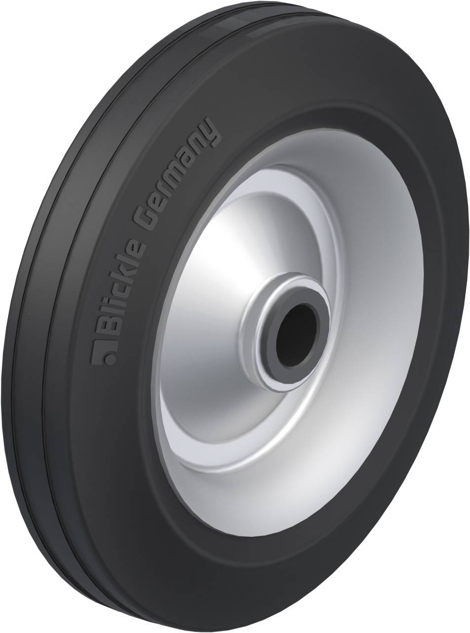 Industrie-Rad mit schwarzem Gummireifen und silberner Metallfelge, markiert mit 'Blickle Germany'. Geeignet für Nutzfahrzeuge.