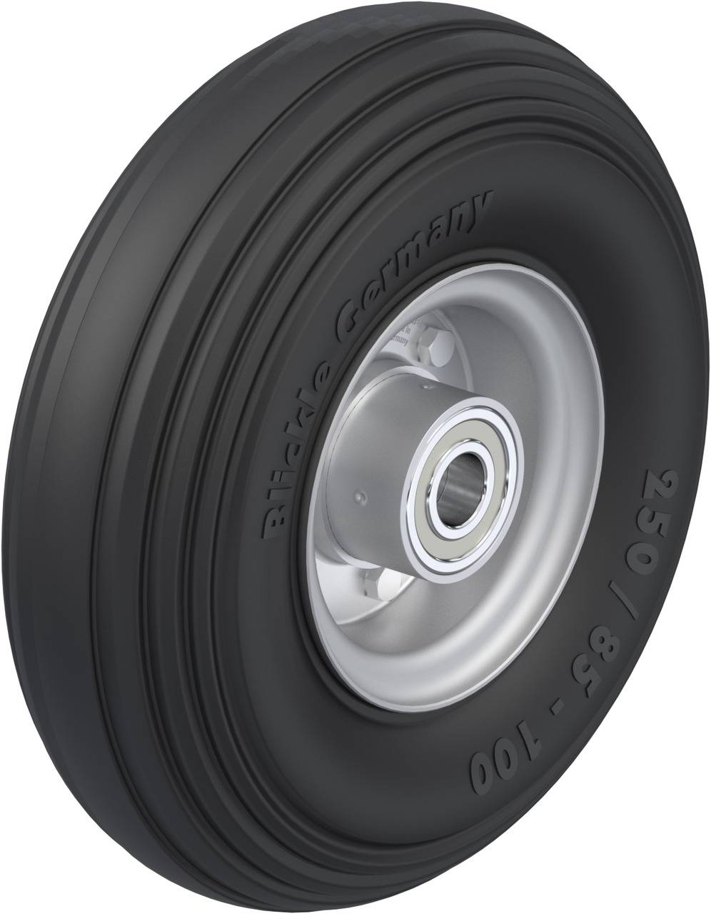 Schwarzes Rad mit silberner Felge. Aufschrift: 'Blackie Germany 250-85-100'.