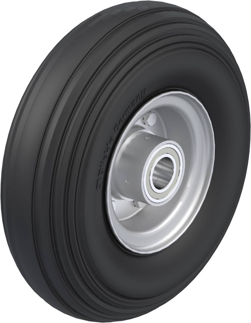 Ein schwarzer Reifen mit einer silbernen Felge, vermutlich für ein kleines Flugzeug oder Fahrzeug, vor weißem Hintergrund.