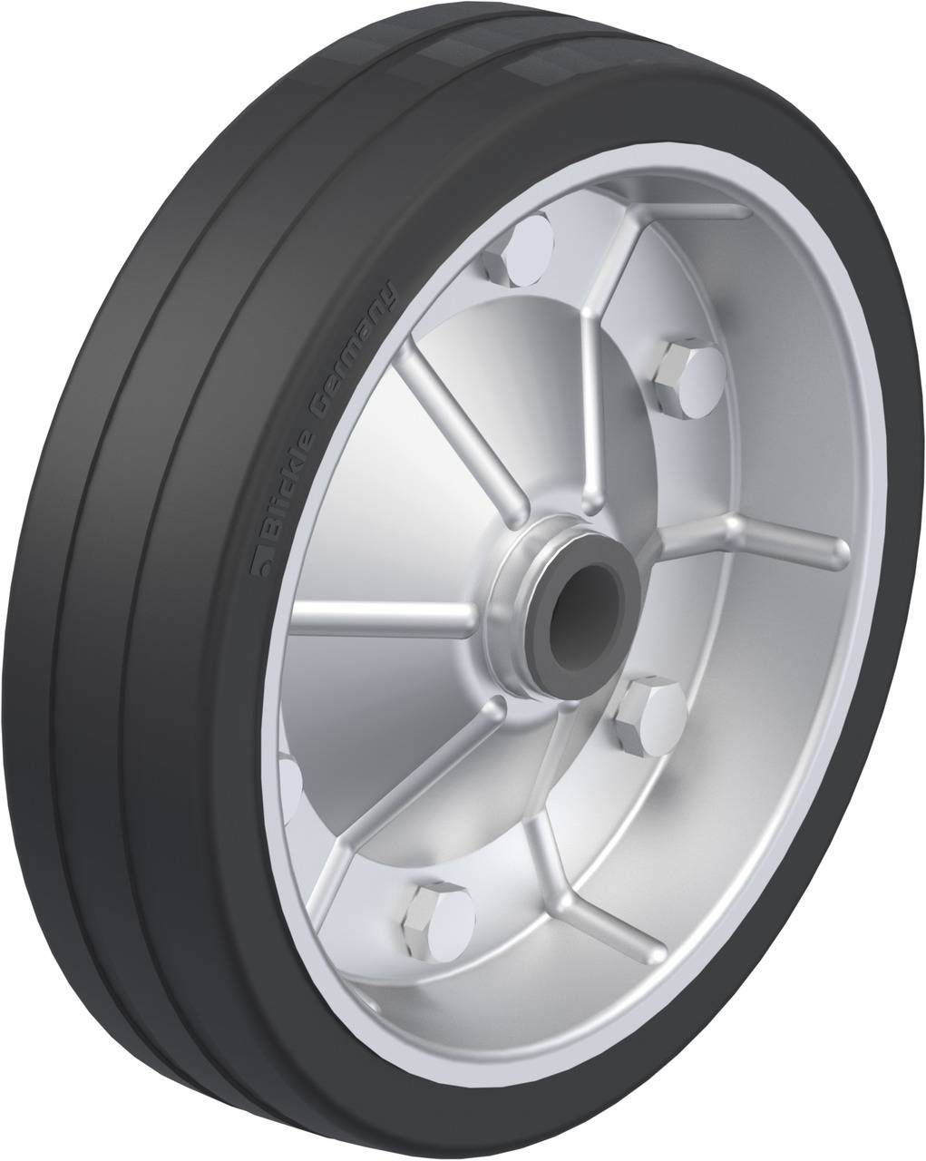 Ein einzelnes Gummirad mit silbernem Metallkern und mehreren Speichen. Geeignet für Industrie- oder Transportanwendungen.