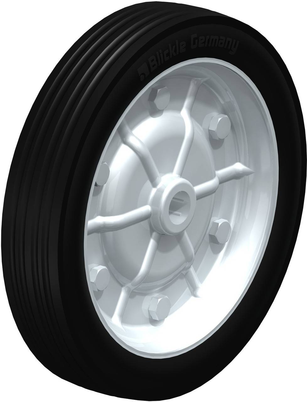 Schwarzes Rad mit weißem Metallkern und mehreren weißen Speichen. Geeignet für industrielle Anwendungen, stabil und langlebig.