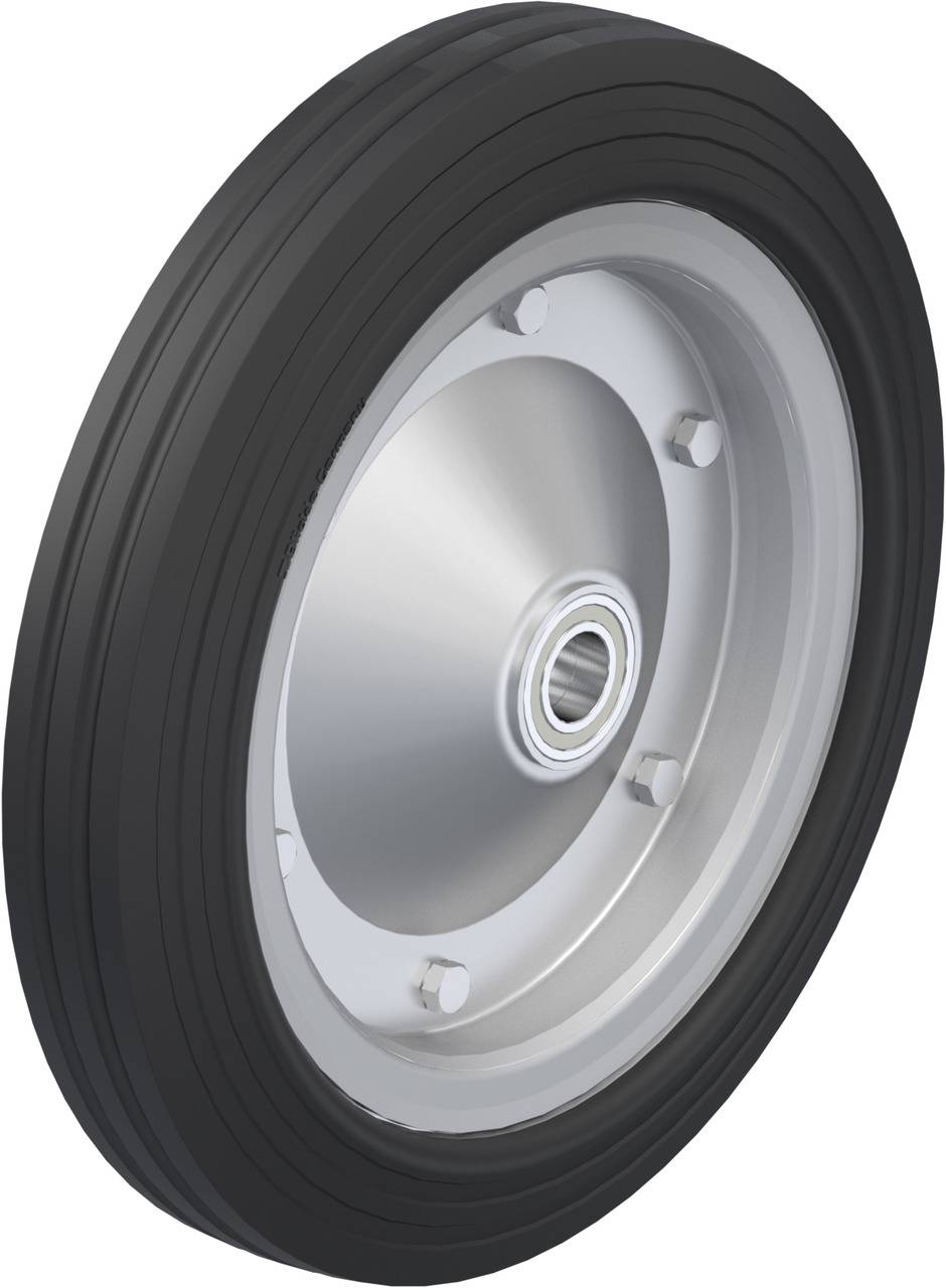 Schwarzes, geripptes Rad mit silberner Metallfelge und zentralem Lager, geeignet für Fahrzeuge oder Maschinen.