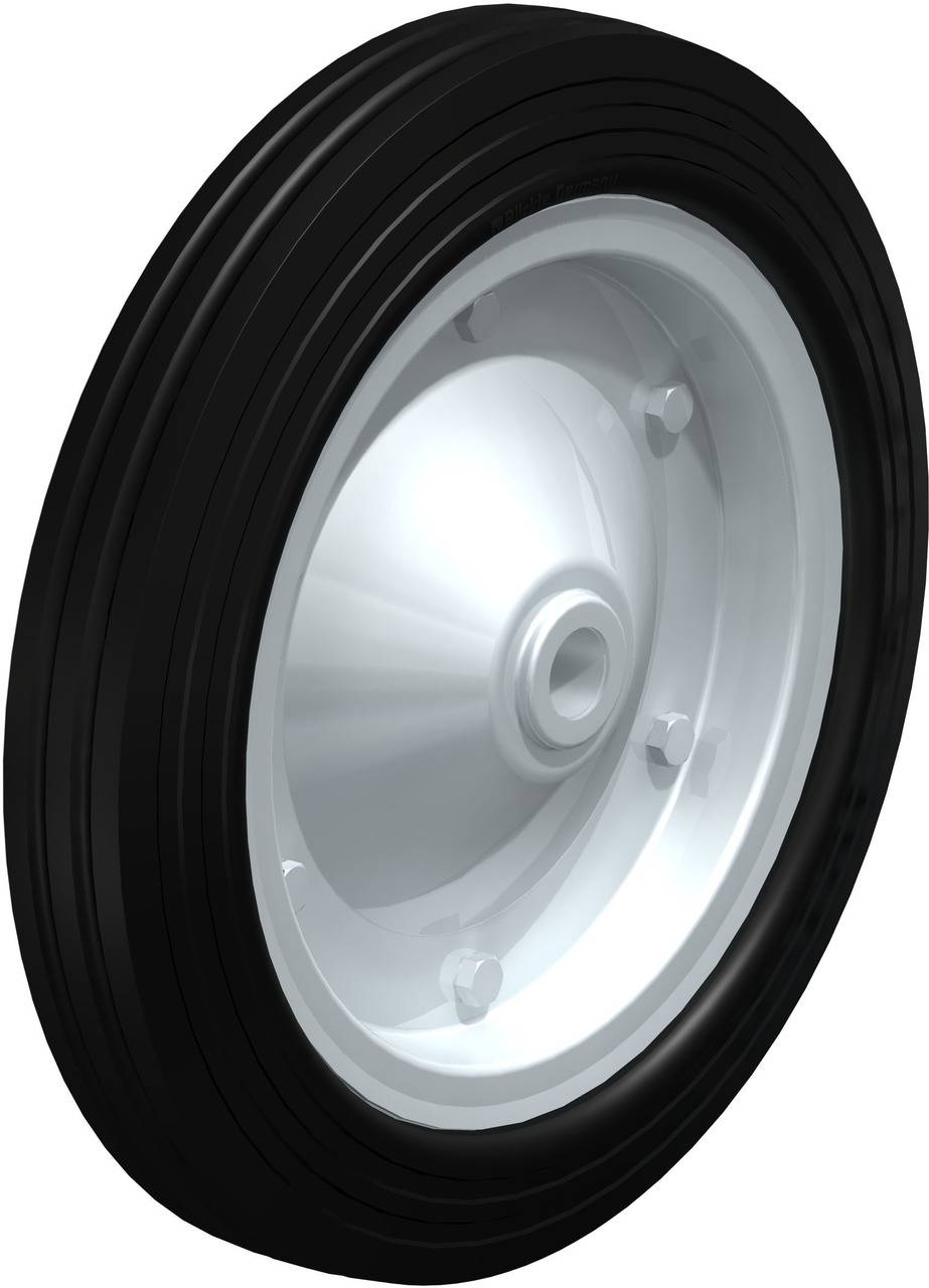 Schwarzes Rad mit weißem Metallmittelteil und fünf Schraubenansätzen, geeignet für Fahrzeuge oder Maschinen.
