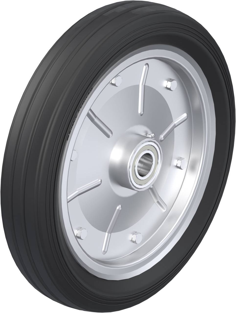 Rad mit schwarzem Gummireifen und silberner Felge, geeignet für Fahrzeuge oder Maschinen.