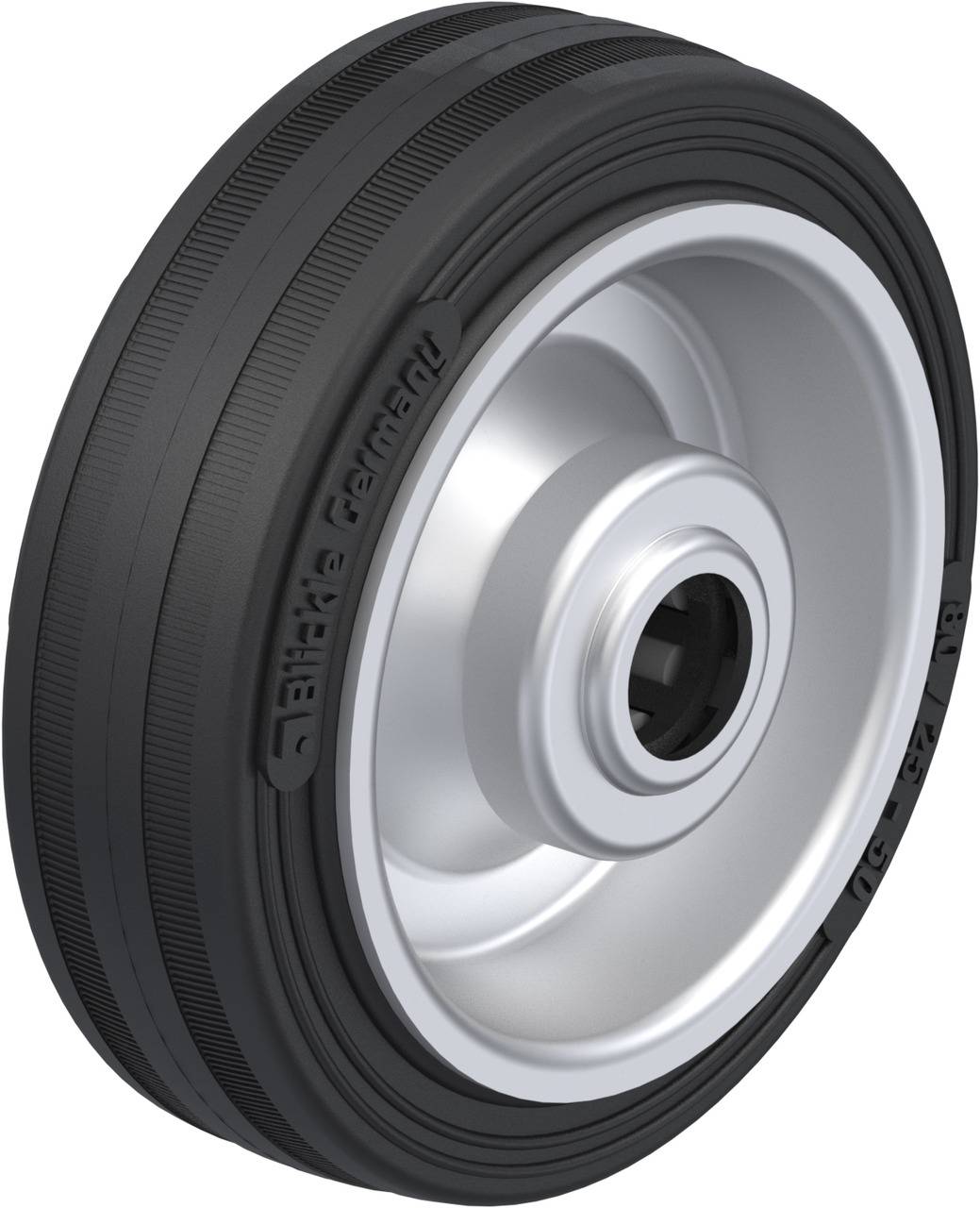 Schwarzes Gummi-Rad mit silberner Felge. Geeignet für Transportgeräte und Maschinenbau, bietet stabile und robuste Mobilität.