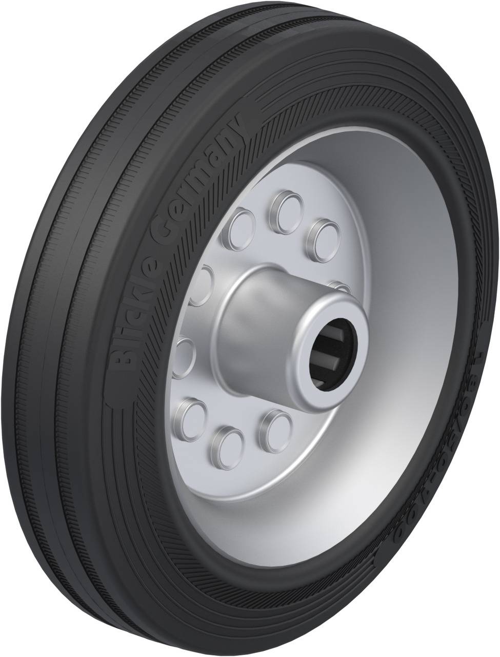 Ein solides, schwarzes Rad mit metallischer Felge und einer Aufschrift 'Made in Germany'. Geeignet für schwere Maschinen oder Industrieanwendungen.