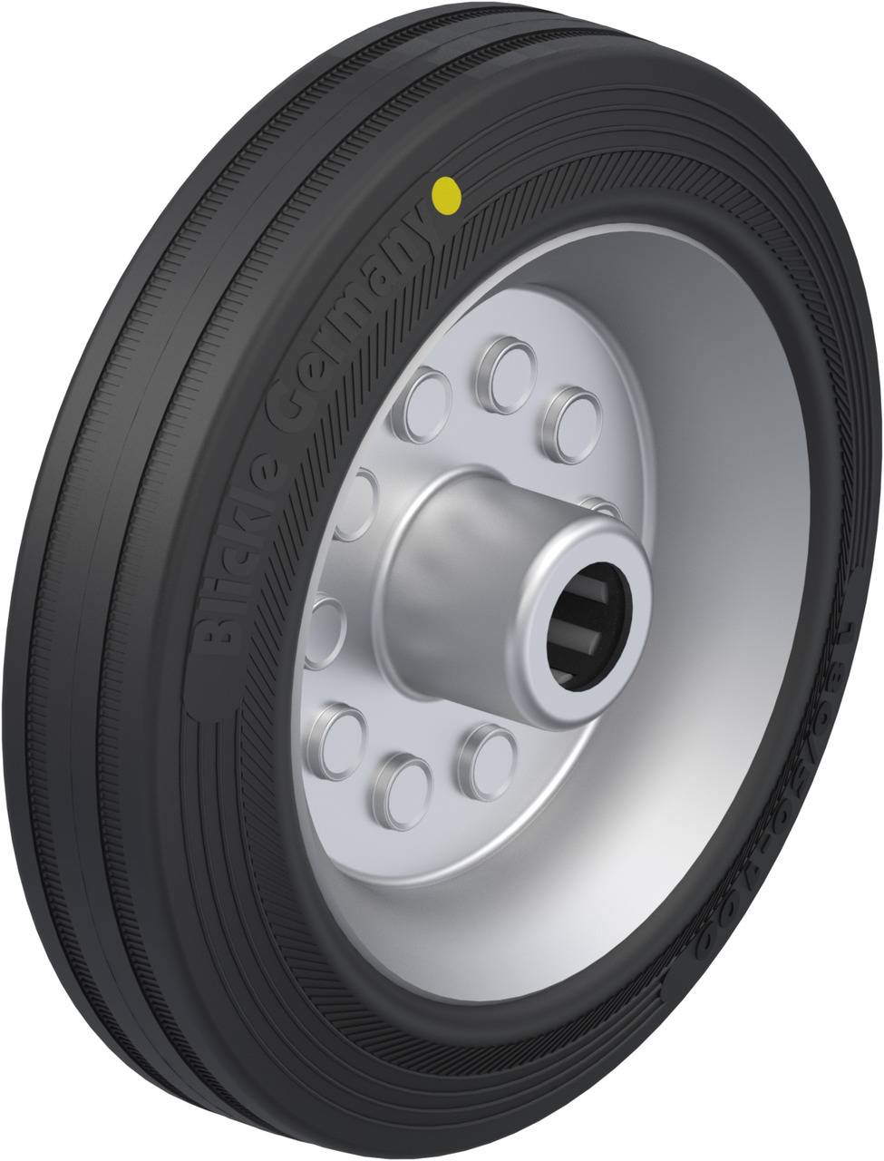 Schwarzes Gummirad mit silberner Felge und gelbem Punkt auf dem Reifen. Beschriftung 'Made in Germany' an der Reifenseite erkennbar.