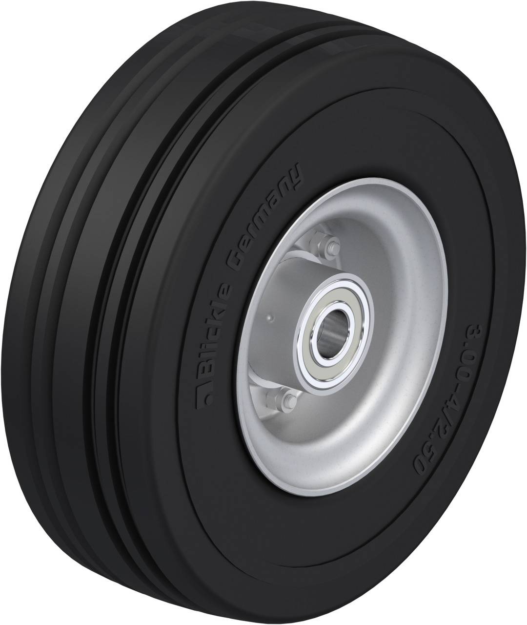 Schwarzes Luftrad mit silberner Felge, Aufschrift 'Blickle Germany', Größe '210x70-50', verwendet in Industrieanwendungen.