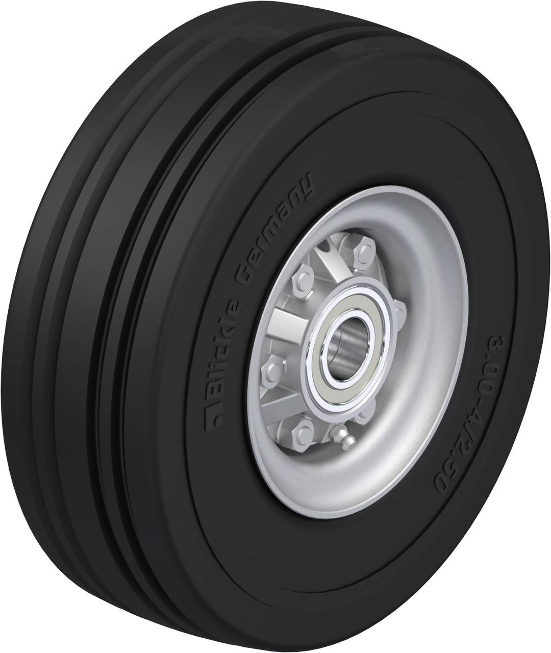 Gummi-Rad mit silberner Felge, geeignet für Transportwagen.
