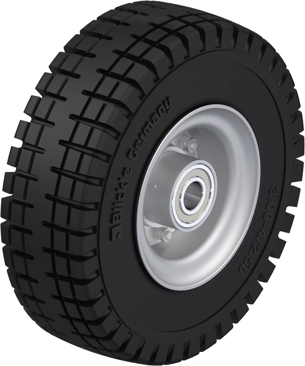 Schwarzer Gummireifen mit robustem Profil, montiert auf einer silbernen Metallfelge. Geeignet für Anwendungen mit hoher Belastung.