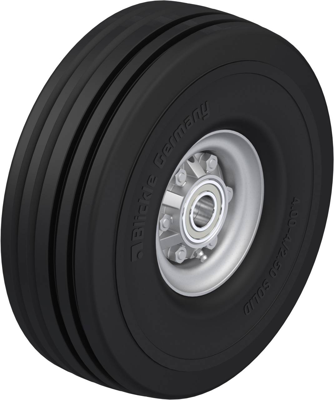 Schwarzes Rad mit Metallnabe, seitlich beschriftet mit 'Blickle Germany 400x150 SOLID'.