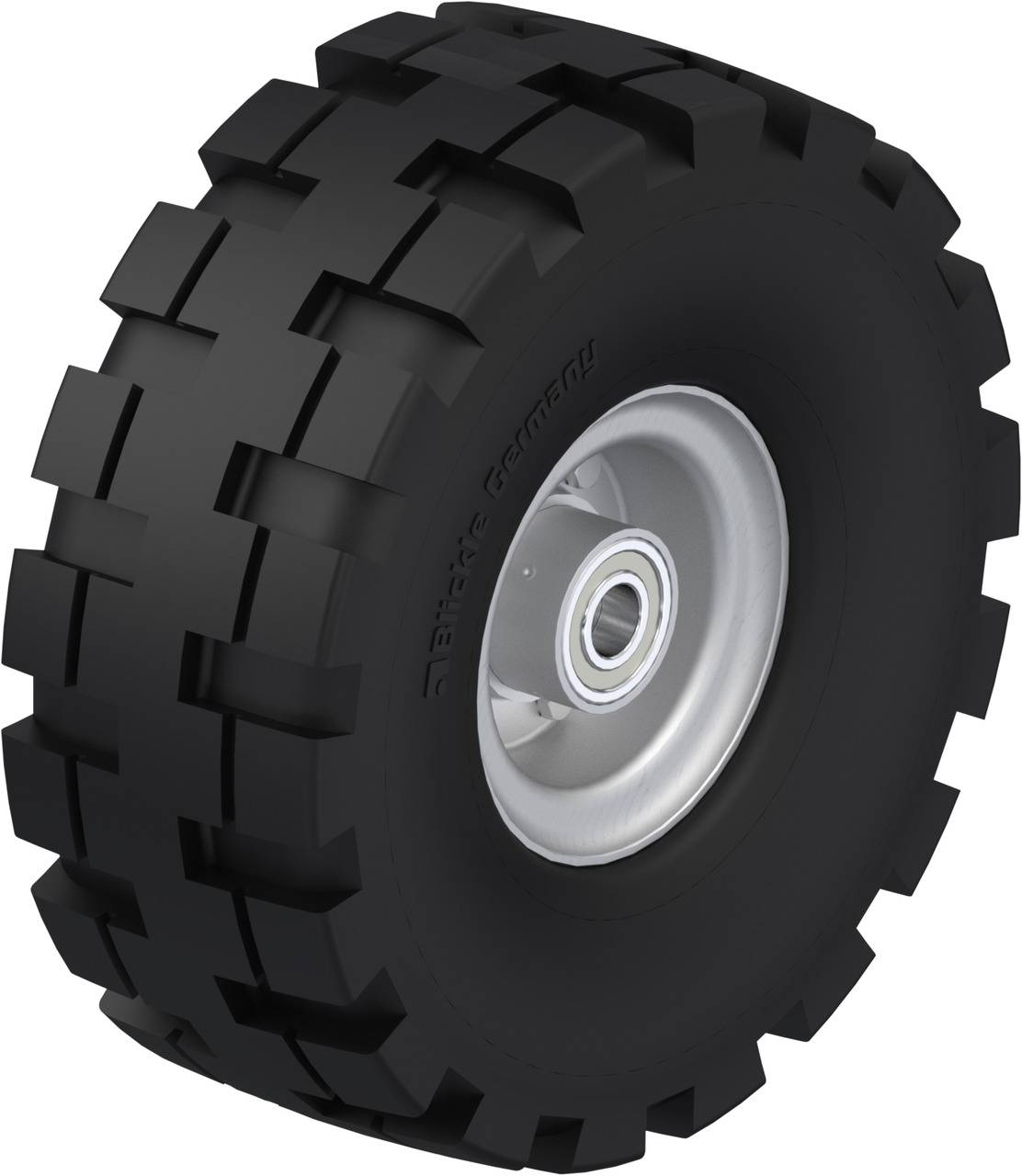 Großer, robuster schwarzer Reifen mit tiefem Profil für schwere Fahrzeuge oder Maschinen, silberne Felge sichtbar.