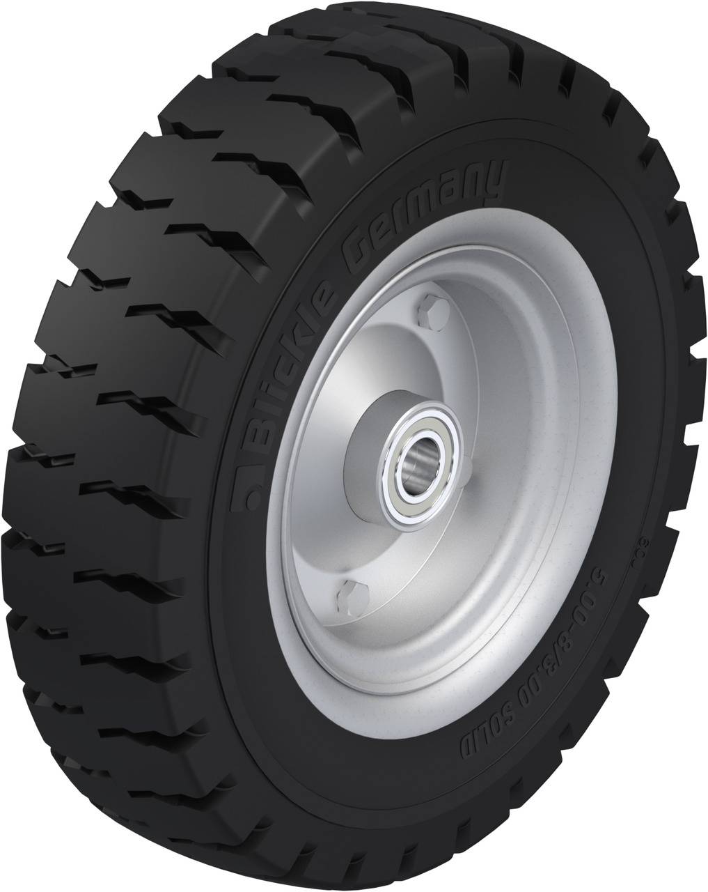 Das Bild zeigt einen robusten, schwarzen Reifen für Industriefahrzeuge mit einer weißen Felge. Geeignet für schwere Lasten.