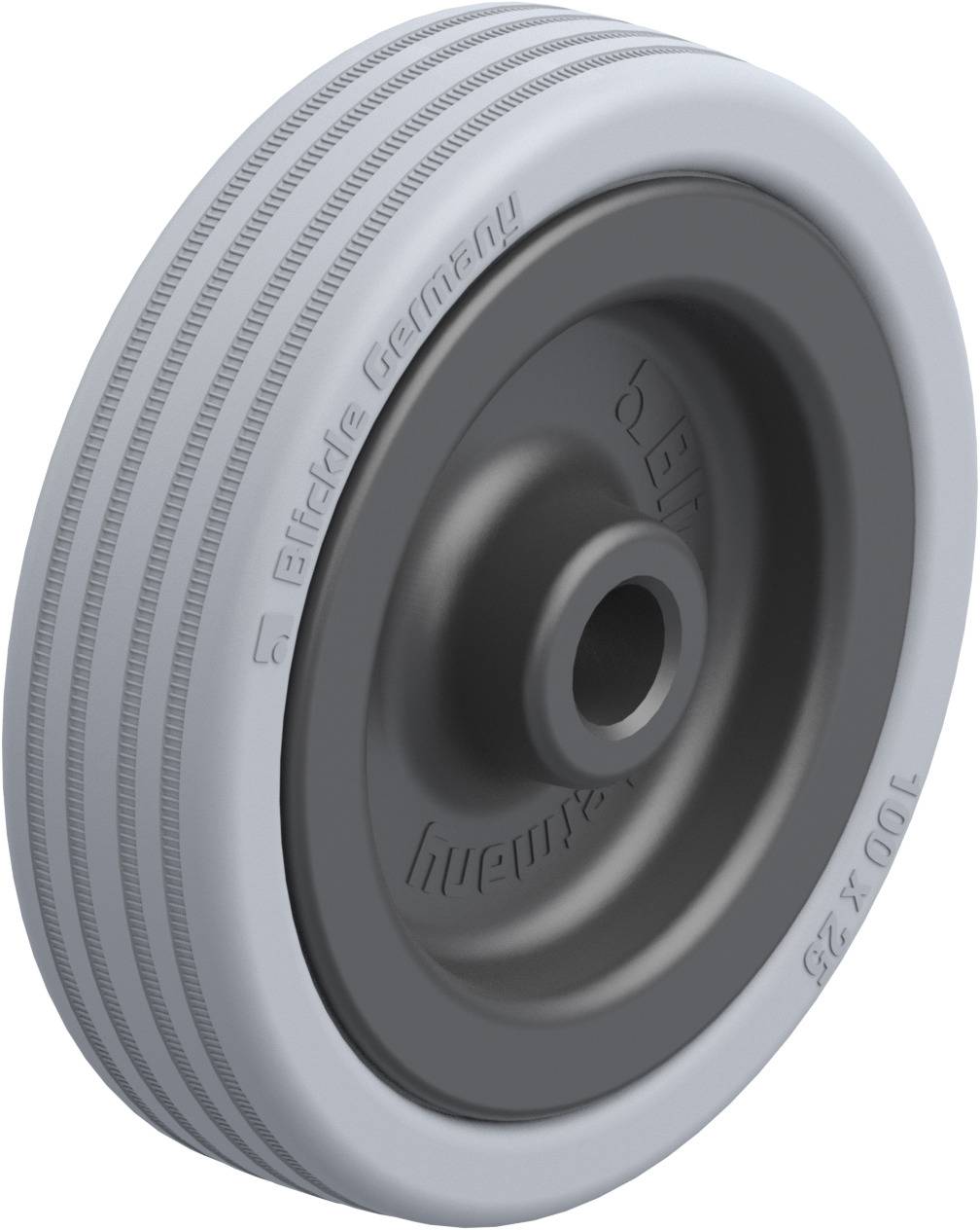 Graues Rad mit geriffeltem Profil und der Aufschrift 'Germany' auf der Seite. Verwendet für Transportwagen oder ähnliche Anwendungen.