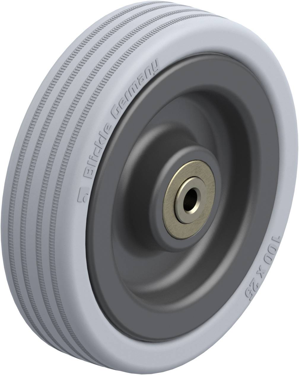 Graues Rad mit Metallnabe und Aufschrift 'Blickle Germany 100x28'. Geeignet für Transportwagen oder Geräte mit Rollen.