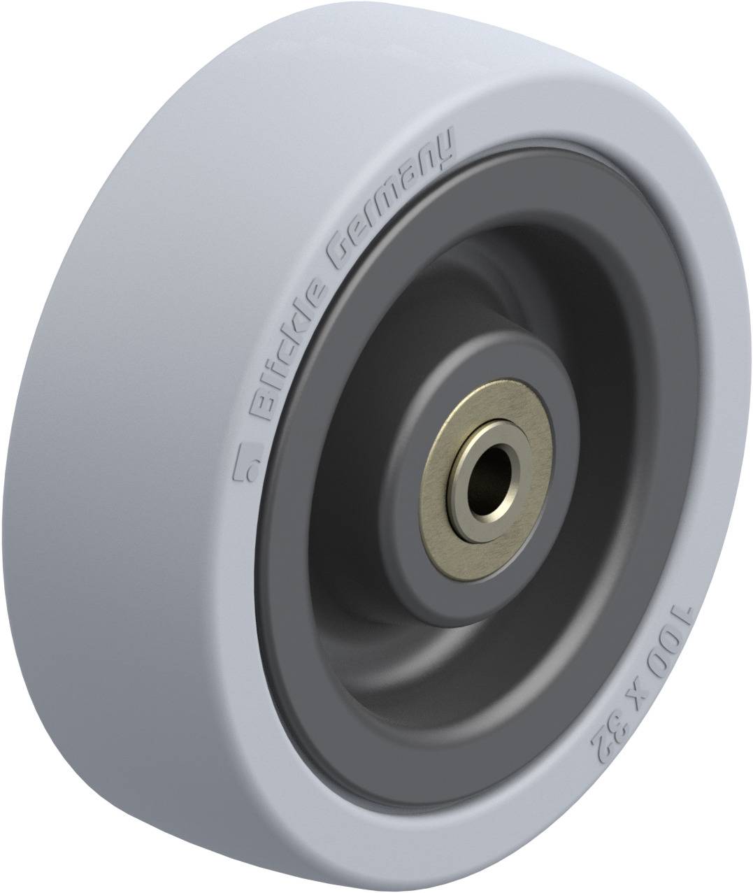 Graues Rad mit Metallachse, gelabelt mit 'Blickle Germany'. Geeignet für Transportwagen oder Industriemaschinen.