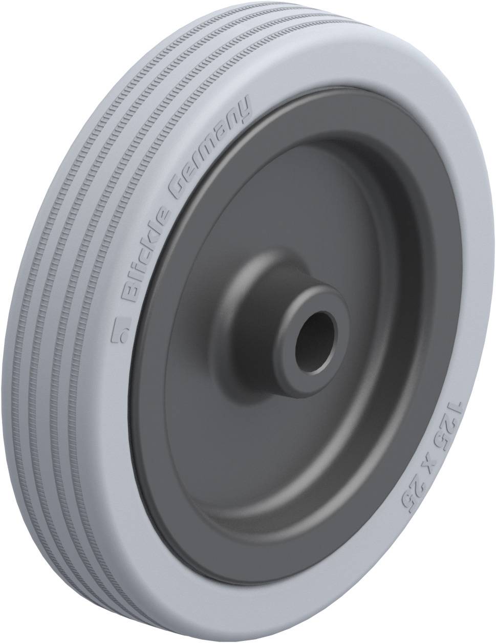 Industrie-Rad mit grauem Reifen und Metallfelge, geprägte Aufschrift 'Blickle Germany', Größe 125x35mm.
