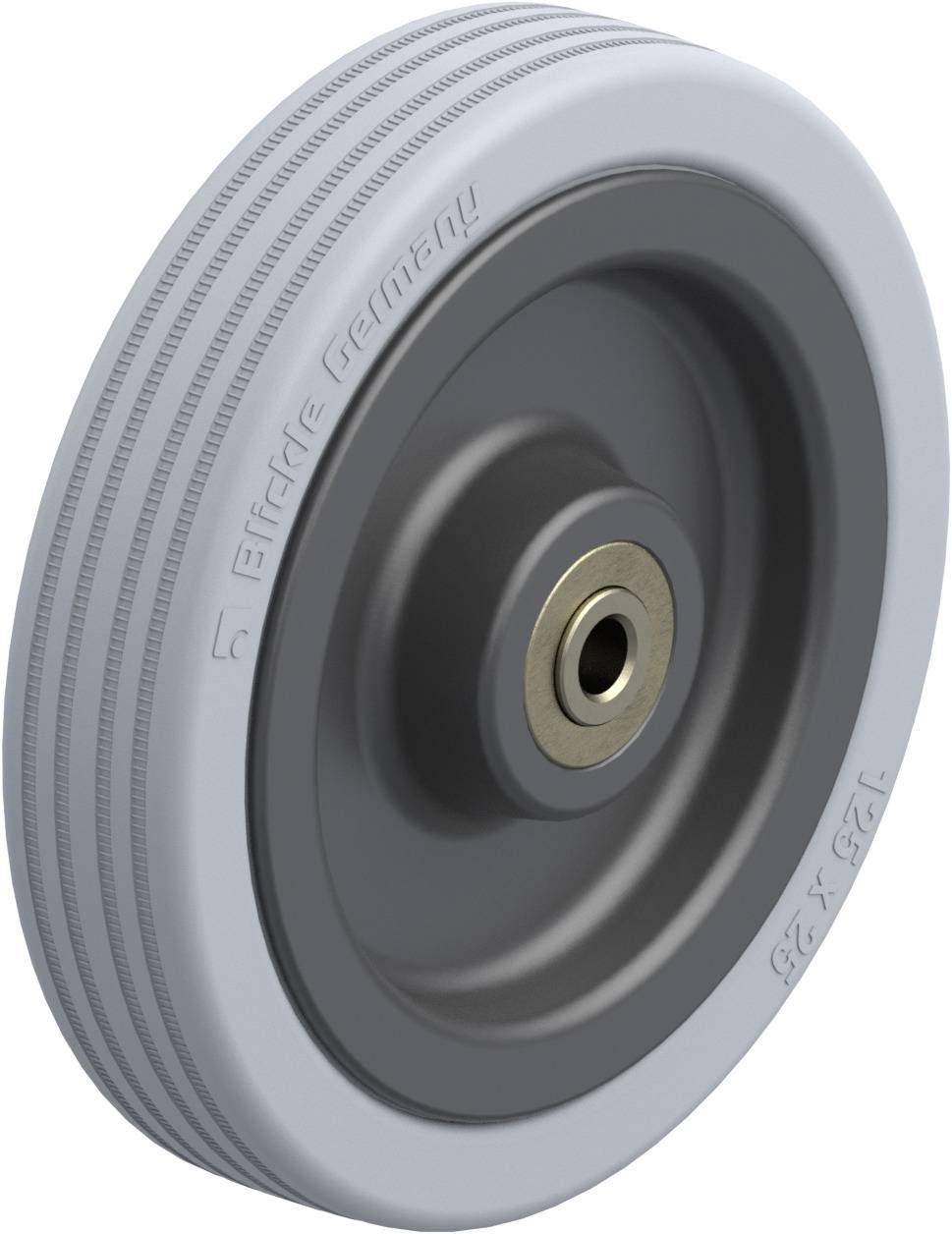 Industrie-Rad aus Metall und Kunststoff mit geriffeltem grauem Reifen und Inschrift 'Erstellt in Germany'. Robustheit betont.