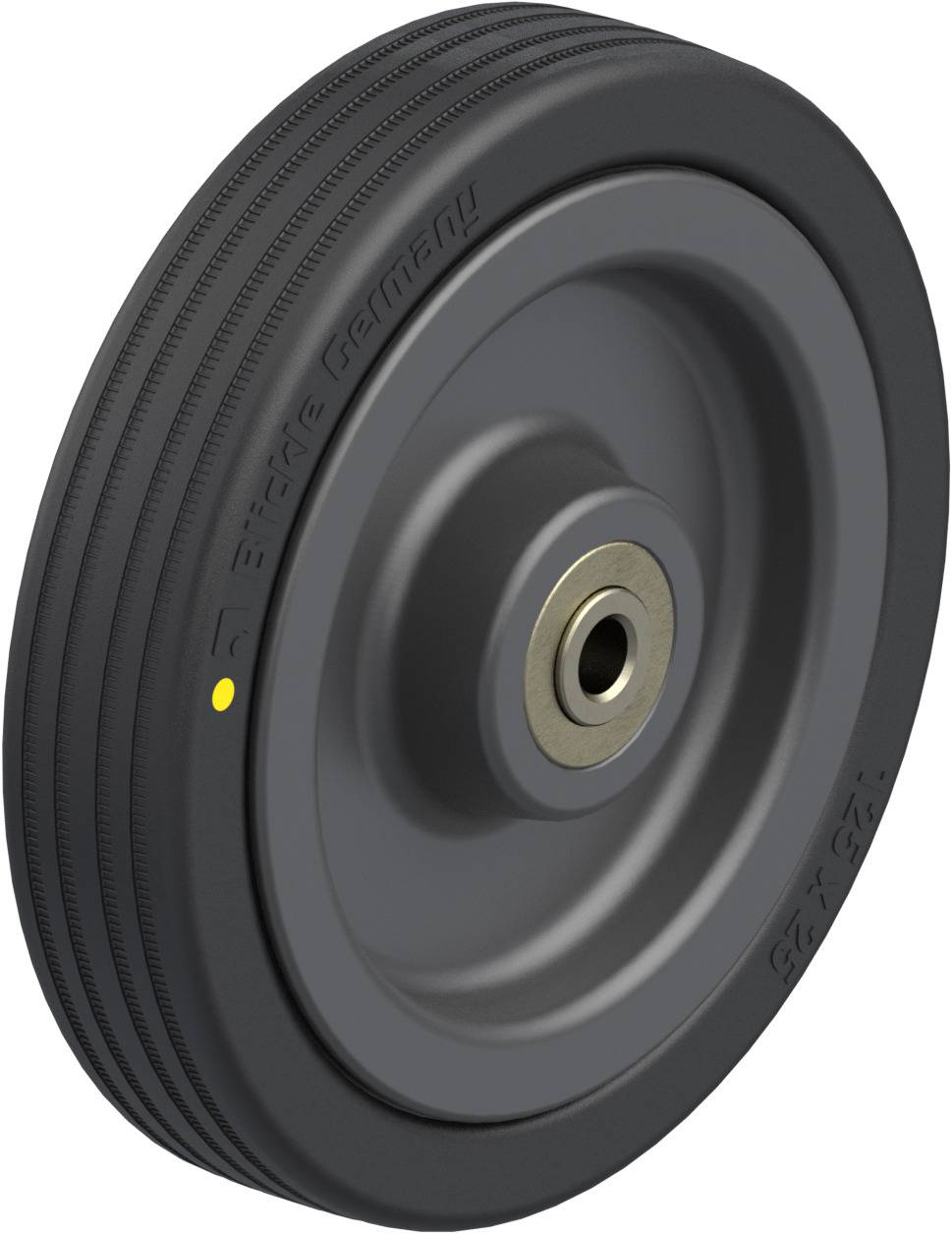 Graues Rad aus Kunststoff mit Rillendesign und Metallnabe, geeignet für industrielle Anwendungen oder Transportwagen.