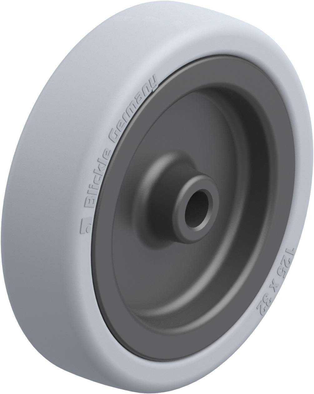 Ein rundes Rad mit grauem Gummi und schwarzem Kunststoffkern. Auf der Seite steht 'Blickle Germany'. Geeignet für industrielle Anwendungen.