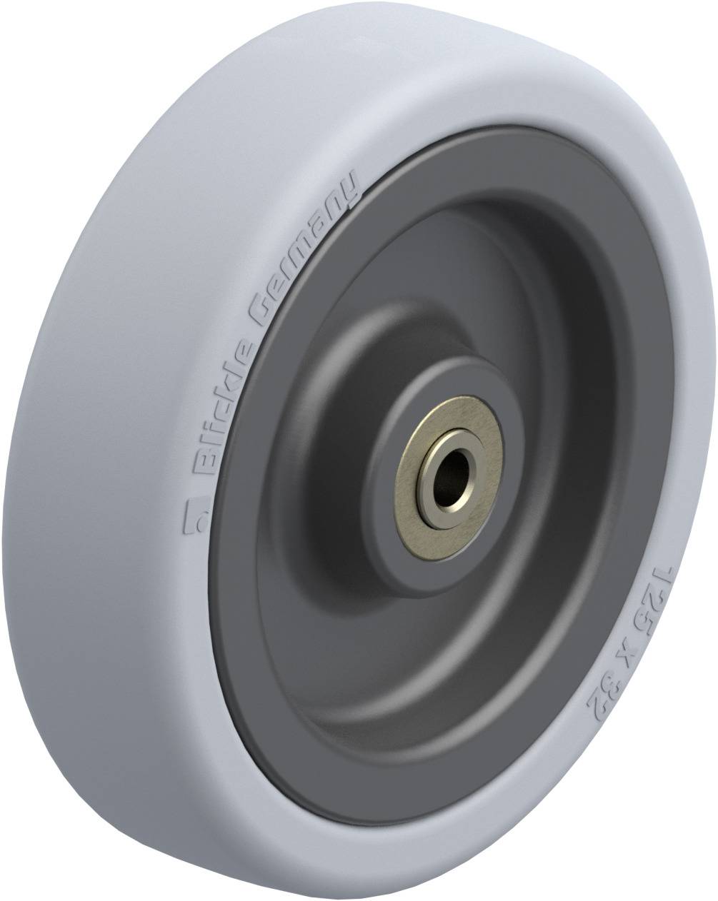 Ein graues Lenkrad mit einem metallischen Zentrum, geeignet für Möbel oder Transportwagen.