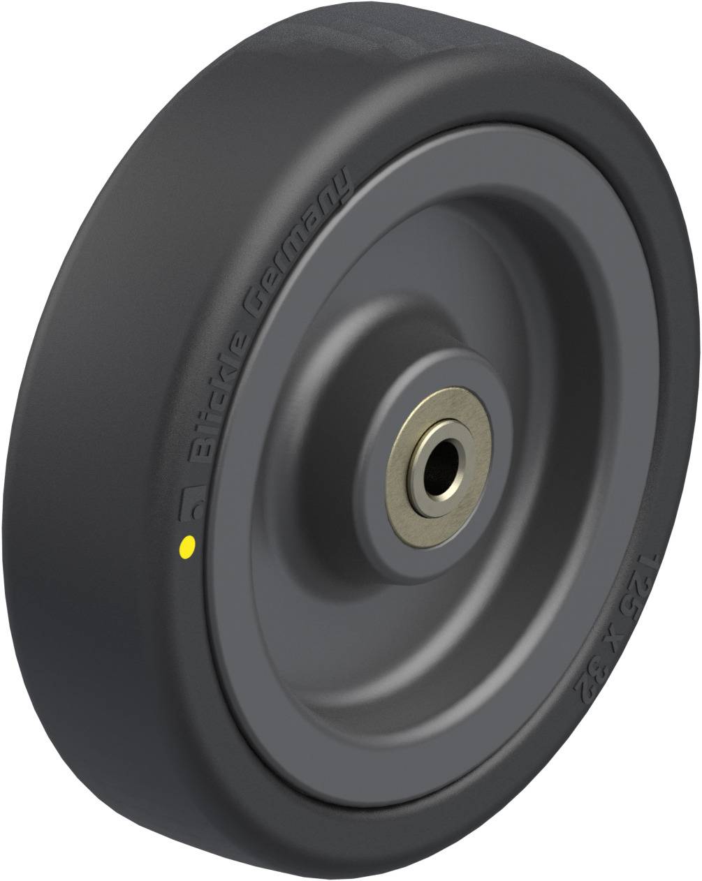 Schwarzes Rad mit Kugellager, geeignet für den Einsatz bei Geräten oder Möbeln. Aufschrift 'Blickle Germany' sichtbar auf der Seite.