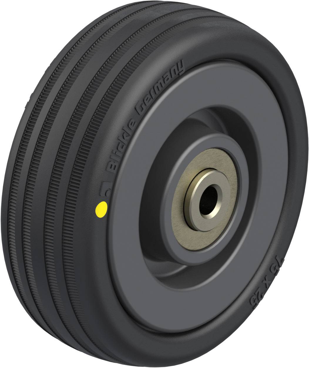 Schwarzes Rad mit geriffelter Oberfläche und gelbem Punkt, graviert mit 'Blickle Germany'. Geeignet für industrielle Anwendungen.
