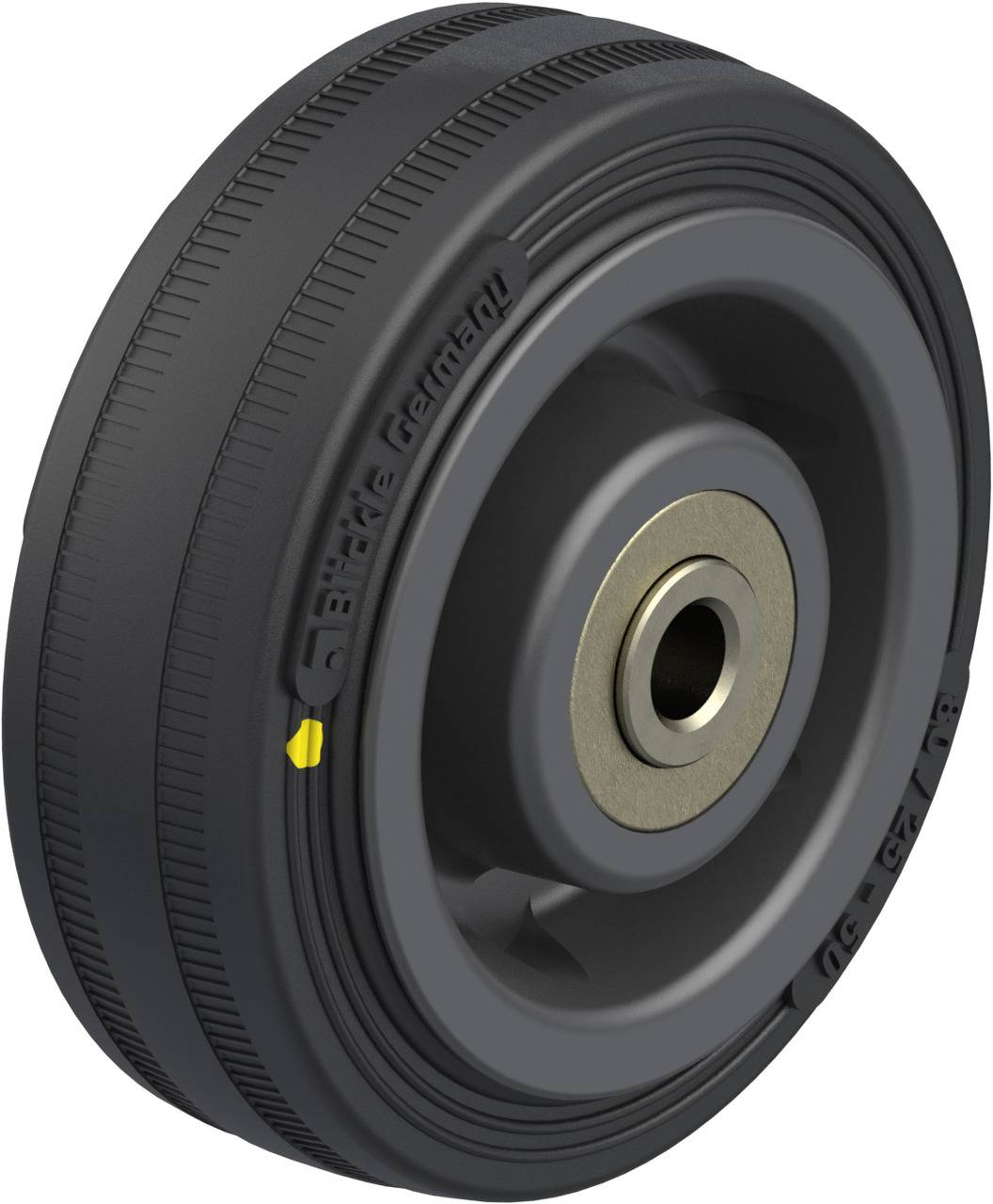 Schwarzes Gummi-Industrie-Rad mit Metallkern, Seitenansicht. Geeignet für schwere Lasten und langlebig in industriellen Anwendungen.