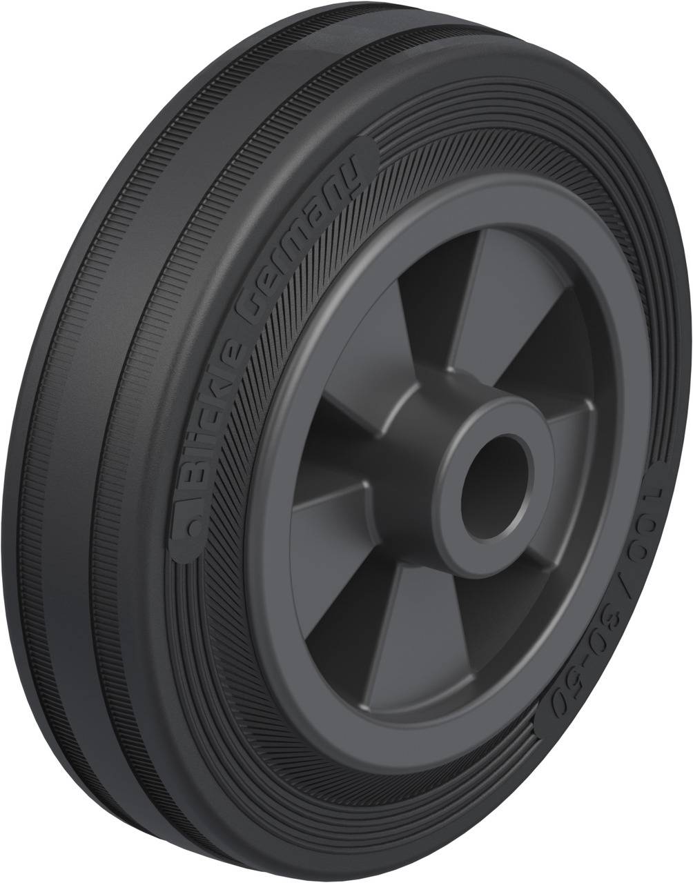Schwarzes Gummirad mit gerillter Lauffläche und Kunststofffelge, geeignet für Transportgeräte.