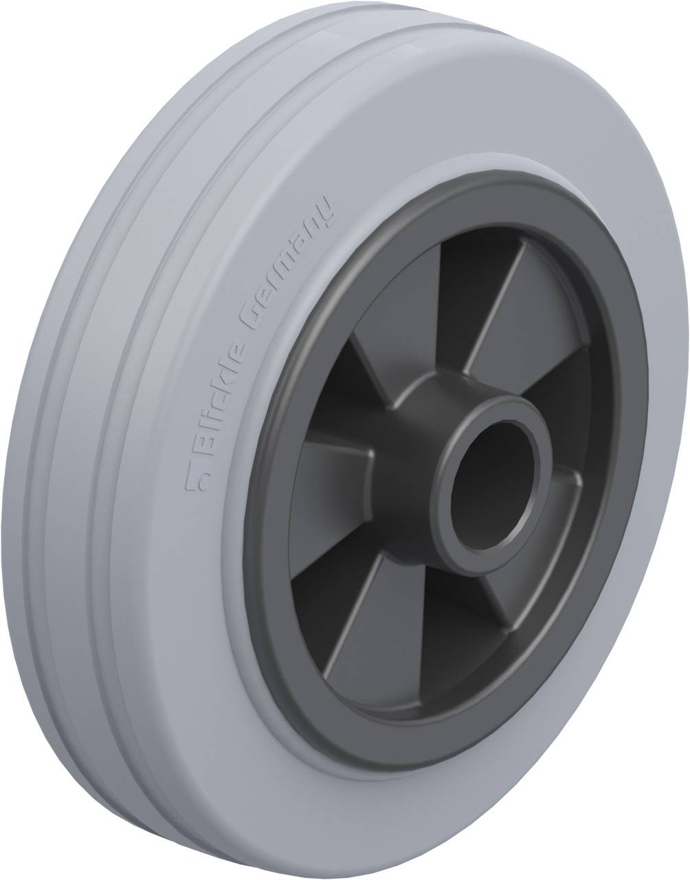 Ein graues Kunststoffrad mit schwarzer Felge, geeignet für Transportwagen oder Geräte, zeigt Standarddesign für industrielle Anwendung.