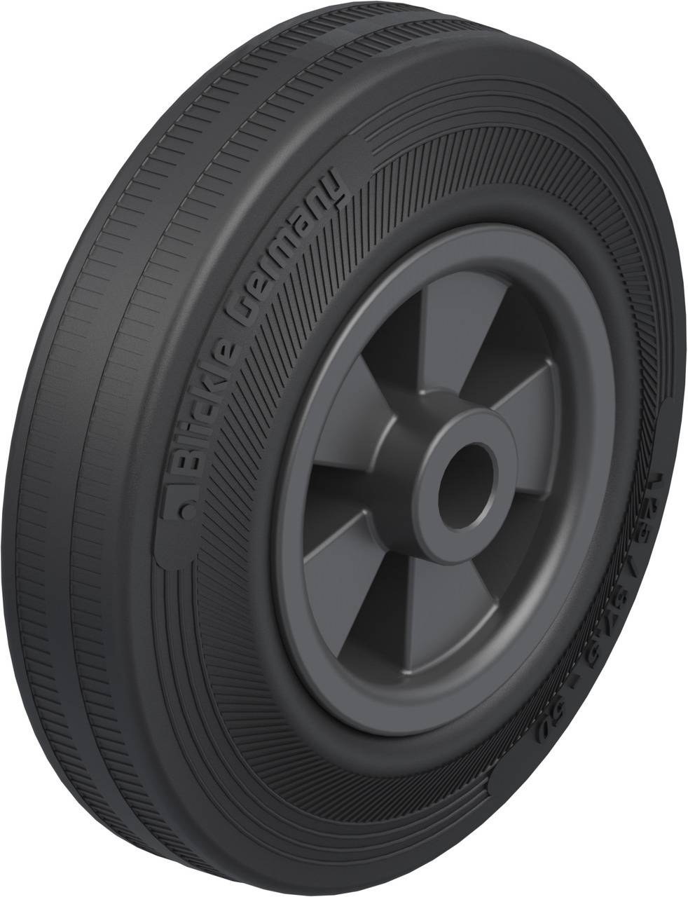 Ein schwarzes Rad aus Kunststoff mit der Aufschrift 'Block GERMANY' auf der Seite. Es hat ein geripptes Profil und eine zentrale Bohrung.