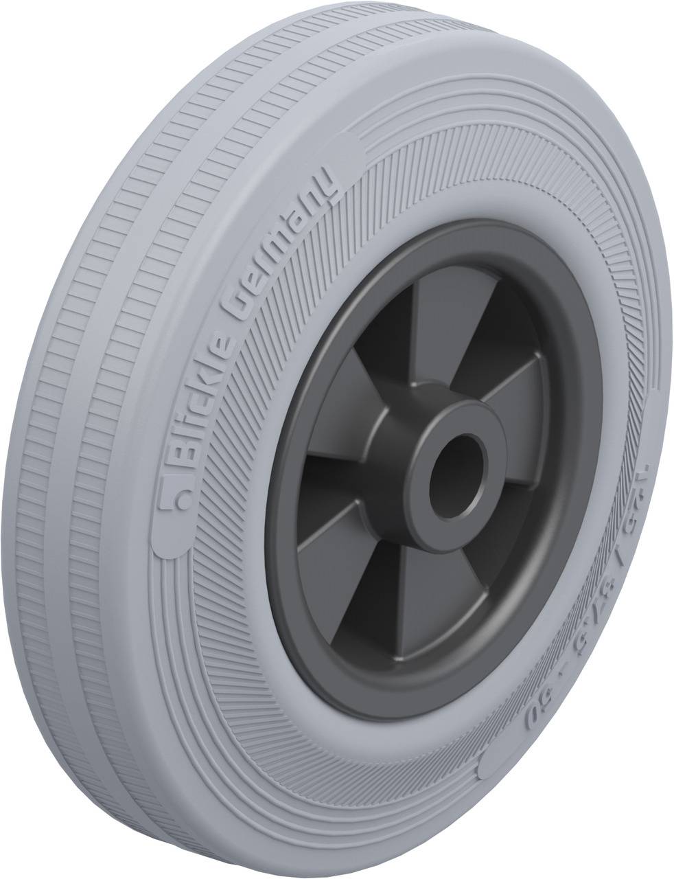 Graues Kunststoffrad mit geriffelter Oberfläche und zentrischem Loch. Geeignet für leichte Transportgeräte und Möbel.