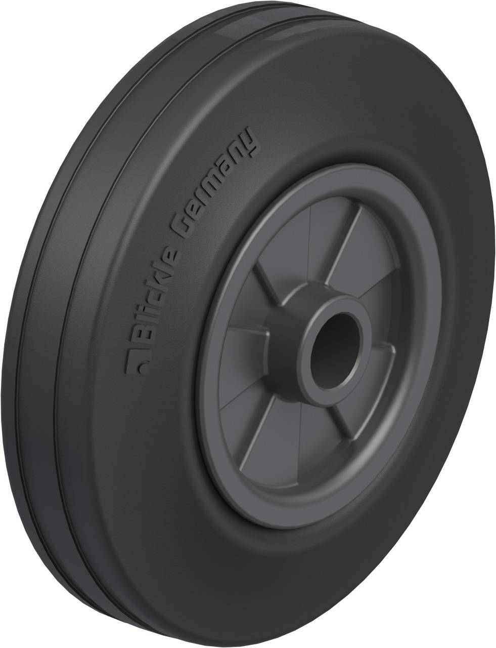 Industrie-Rad aus schwarzem Kunststoff mit glatter Lauffläche und zentraler Nabe, seitlich 'Blickle Germany' geprägt.