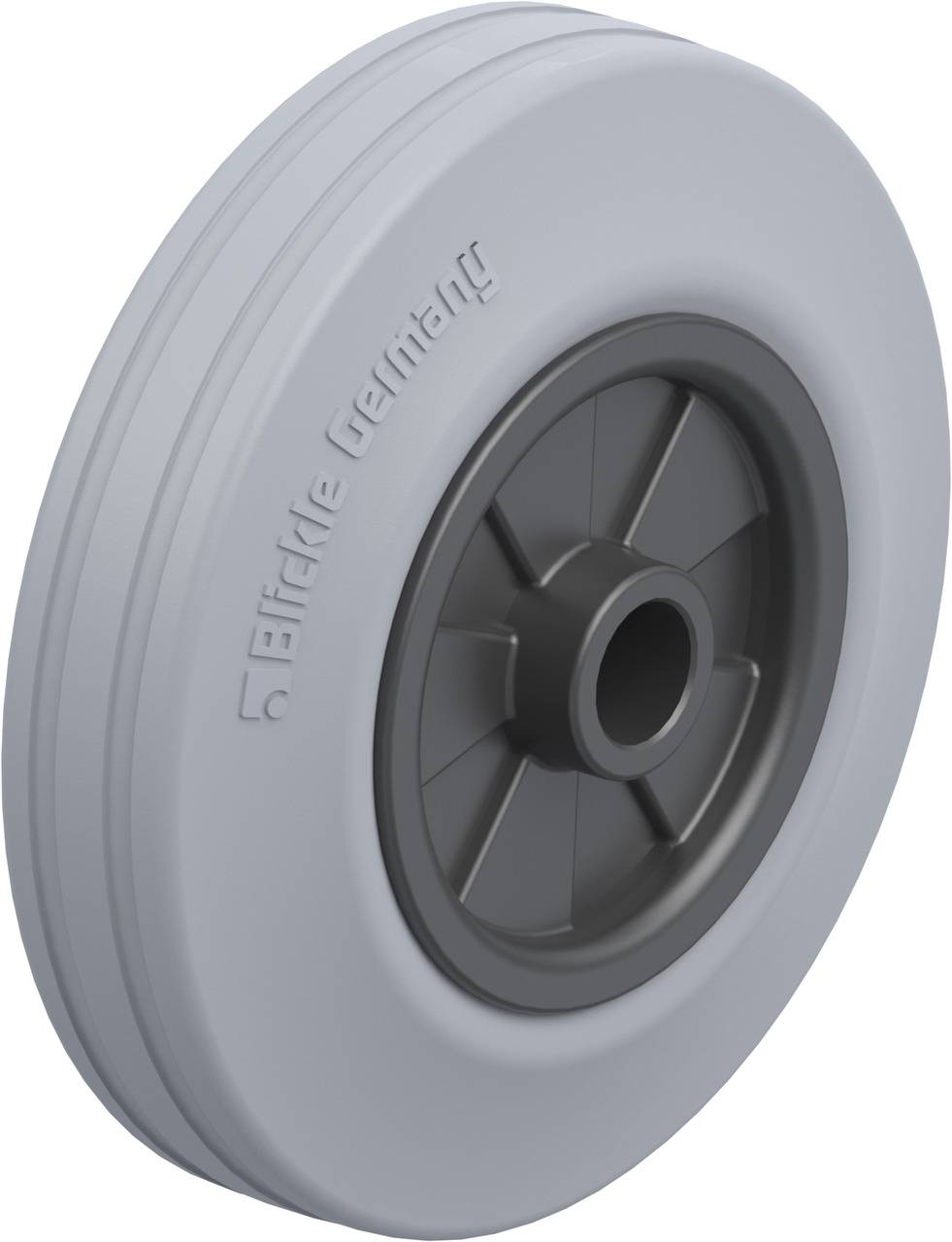 Ein graues Industrierad mit schwarzem Zentrum und der Aufschrift 'Blickle Germany' an der Seite. Geeignet für Transportwagen.