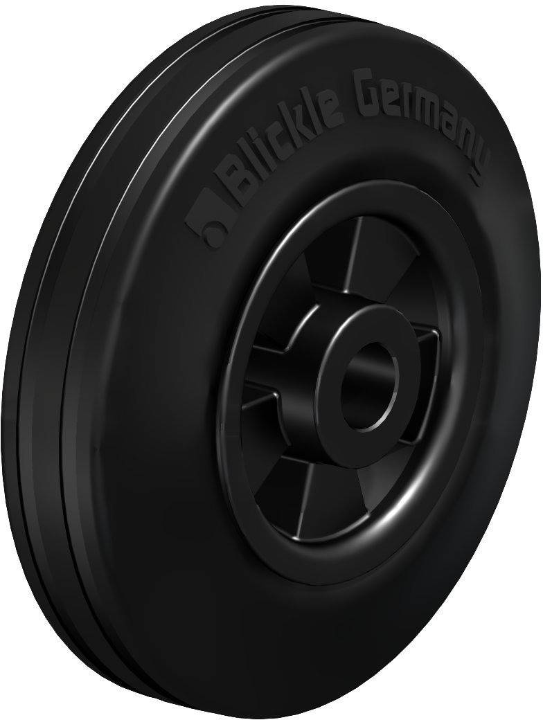 Schwarzes Kunststoffrad mit Prägung 'Blickle Germany', geeignet für den industriellen Einsatz an Wagen oder Transportgeräten.