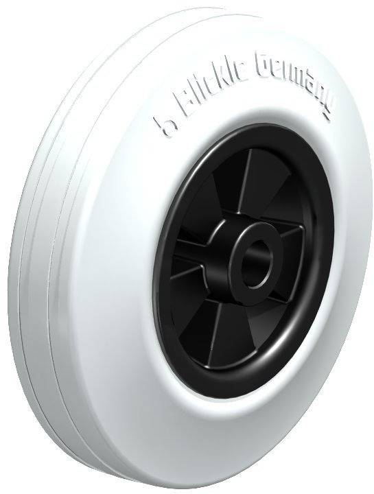 Weiß-schwarzes Rad mit plastischem Firmenlogo an der Seite, geeignet für Transportwagen oder Möbel.