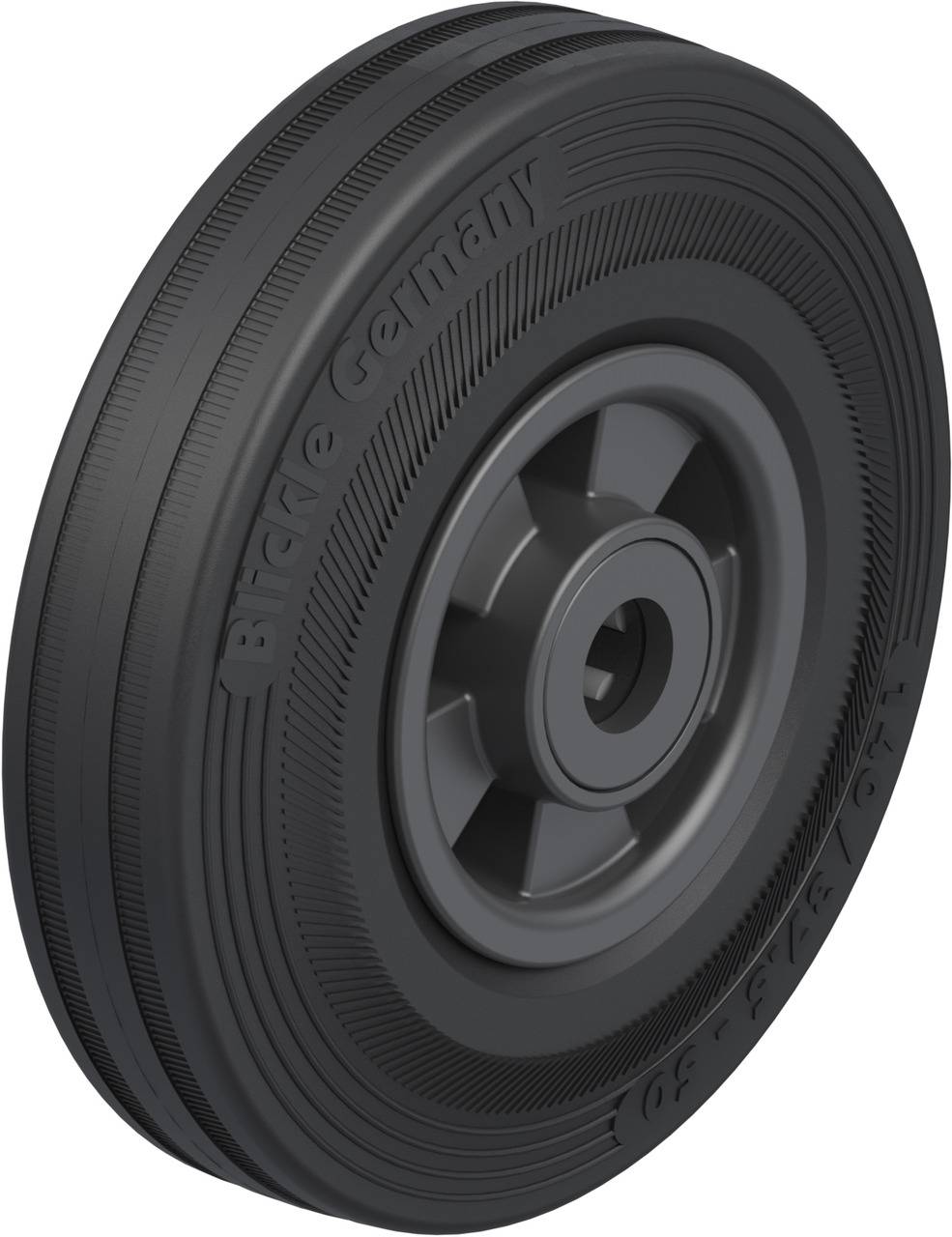 Schwarzes, rundes Gummi-Rad mit Rillenstruktur. Text auf der Seite: 'Blickle Germany'. Hauptsächlich für Fahrzeuge oder Maschinen geeignet.