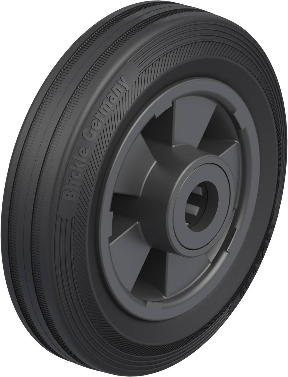 Schwarzes, strukturiertes Rad in Seitenansicht mit Aufschrift 'Block Germany' auf der Oberfläche, geeignet für industriellen Einsatz.