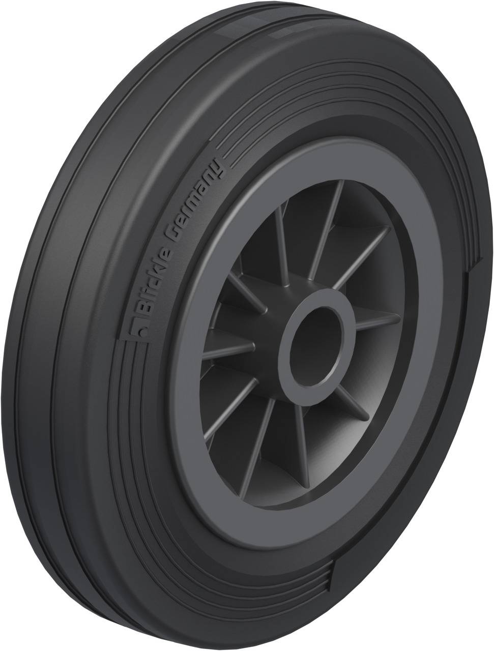 Ein graues Kunststoffrad mit Speichen und einem glatten Laufprofil. Es trägt die Aufschrift 'Blauwe Germany'.