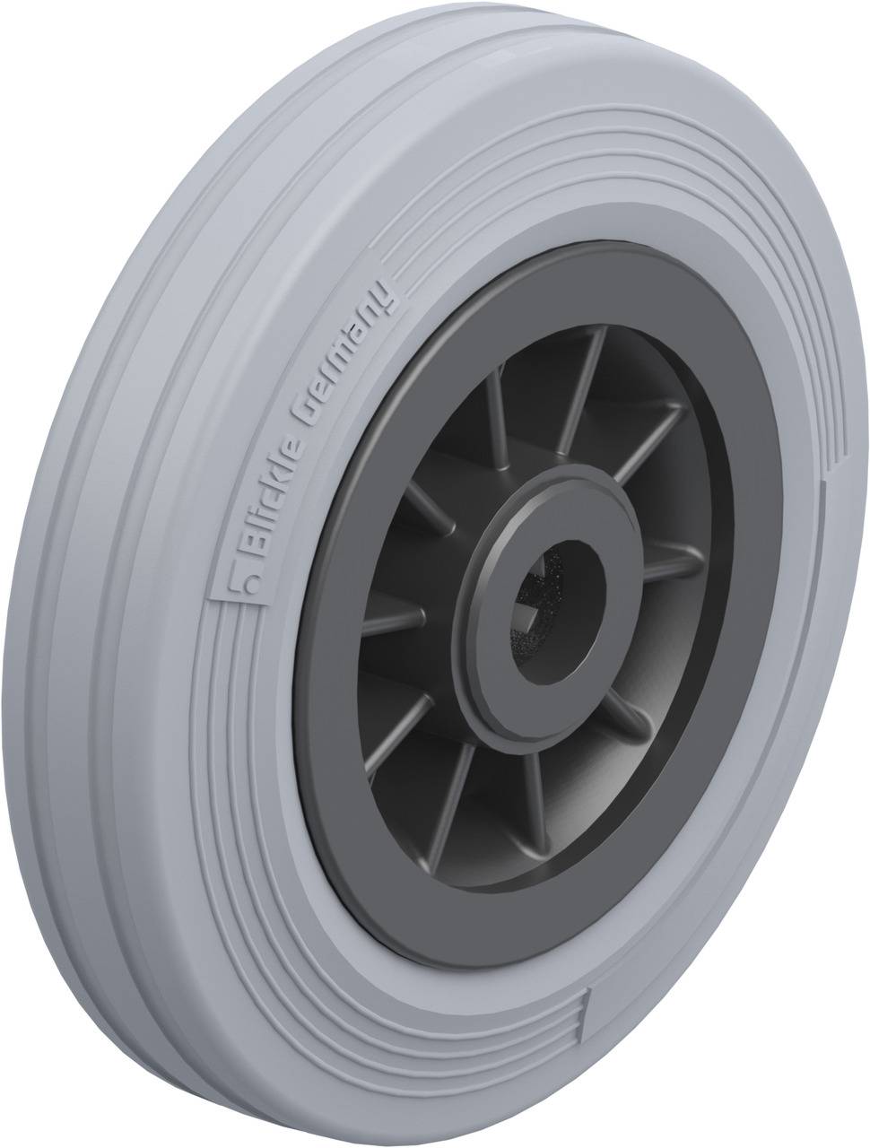Ein graues, strukturiertes Rad mit einem dunkleren Nabenbereich und Rippenmuster auf der Lauffläche.